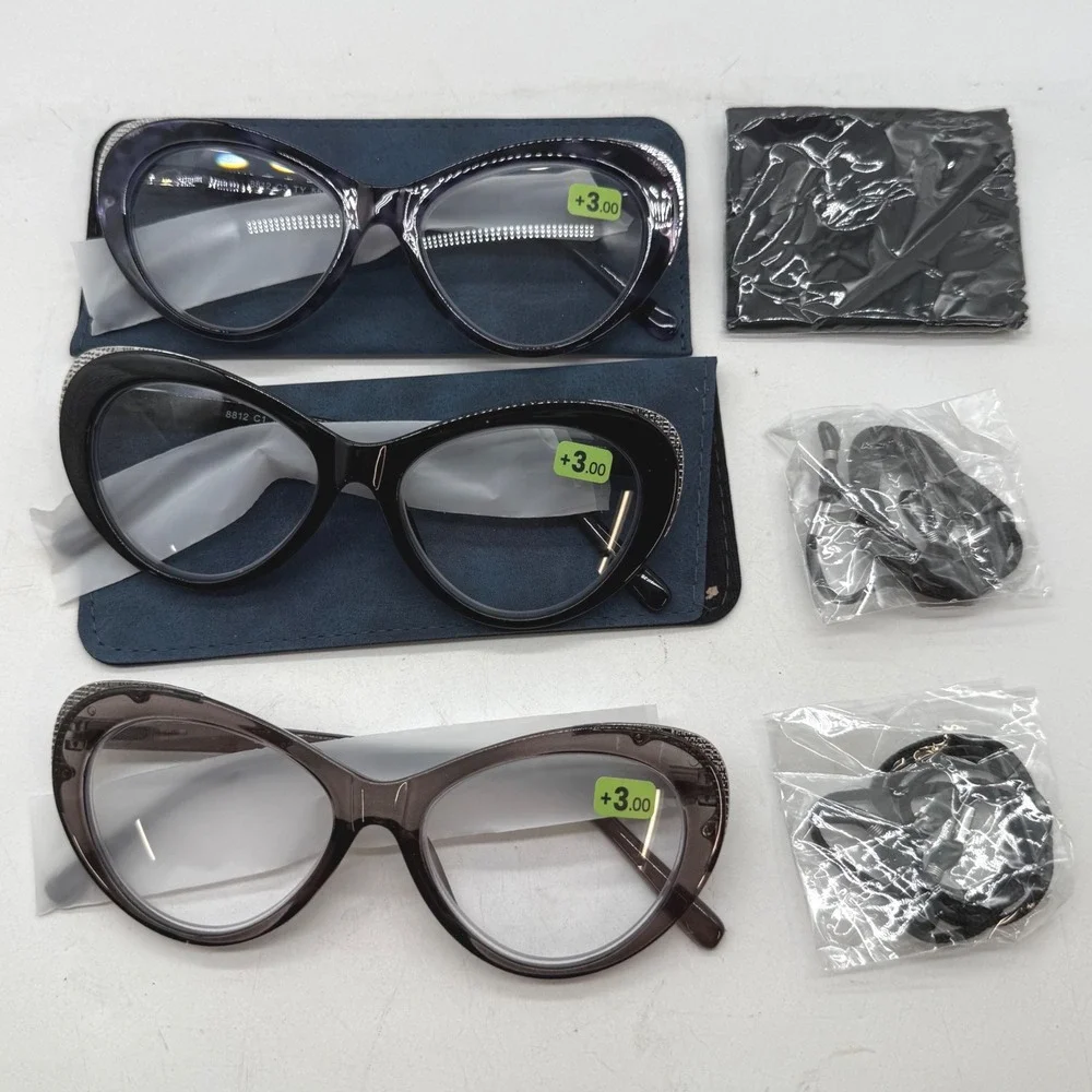 3 Pack Oversized Cat Eye Reading Glasses +3.00 Strength Rhinestone Accents 8812